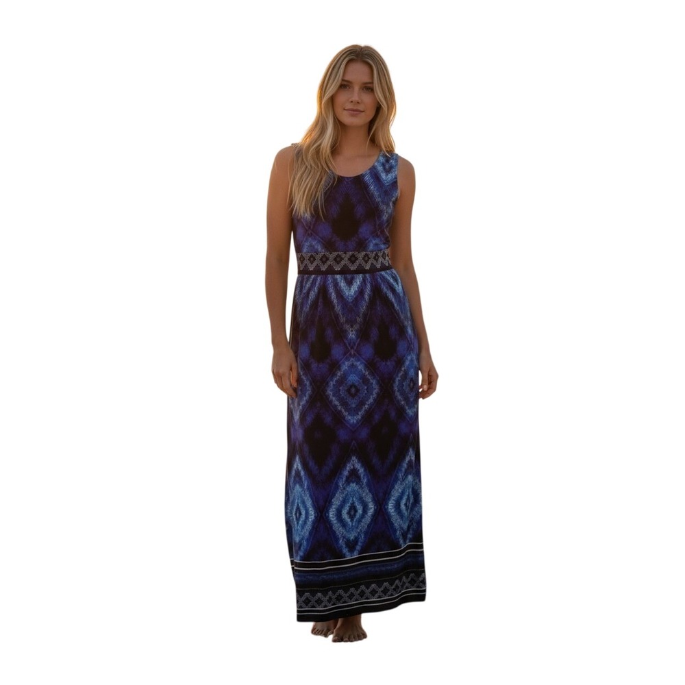 W.Lane Maxi Dress Women Size 8 Blue Diamond Print Resort Boho Summer